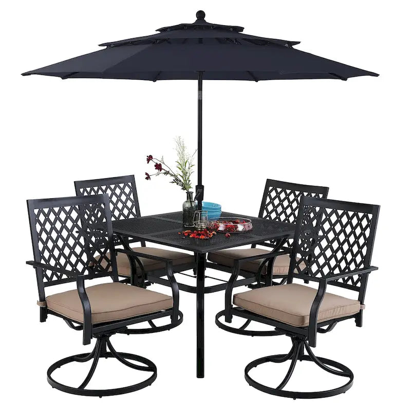 Ensemble de salle à manger d'extérieur MAISON ARTS en métal, 6 pièces : 4 chaises pivotantes, 1 table carrée de 94 cm (37 po) avec structure en acier et 1 parasol rouge à 3 niveaux de 3 m (10 pi).