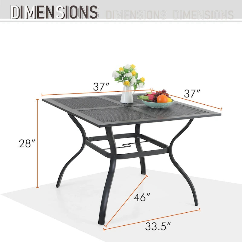 Ensemble de salle à manger d'extérieur MAISON ARTS en métal, 6 pièces : 4 chaises pivotantes, 1 table carrée de 94 cm (37 po) avec structure en acier et 1 parasol rouge à 3 niveaux de 3 m (10 pi).