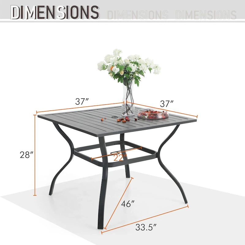 Ensemble de salle à manger d'extérieur MAISON ARTS en métal, 6 pièces : 4 chaises pivotantes, 1 table carrée de 94 cm (37 po) avec structure en acier et 1 parasol rouge à 3 niveaux de 3 m (10 pi).