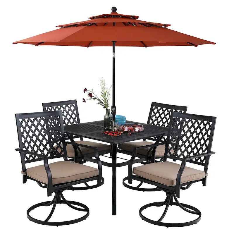 Ensemble de salle à manger d'extérieur MAISON ARTS en métal, 6 pièces : 4 chaises pivotantes, 1 table carrée de 94 cm (37 po) avec structure en acier et 1 parasol rouge à 3 niveaux de 3 m (10 pi).
