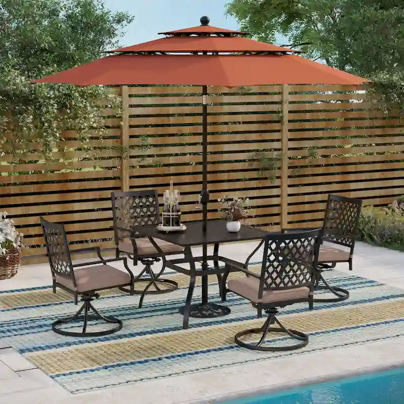 Ensemble de salle à manger d'extérieur MAISON ARTS en métal, 6 pièces : 4 chaises pivotantes, 1 table carrée de 94 cm (37 po) avec structure en acier et 1 parasol rouge à 3 niveaux de 3 m (10 pi).