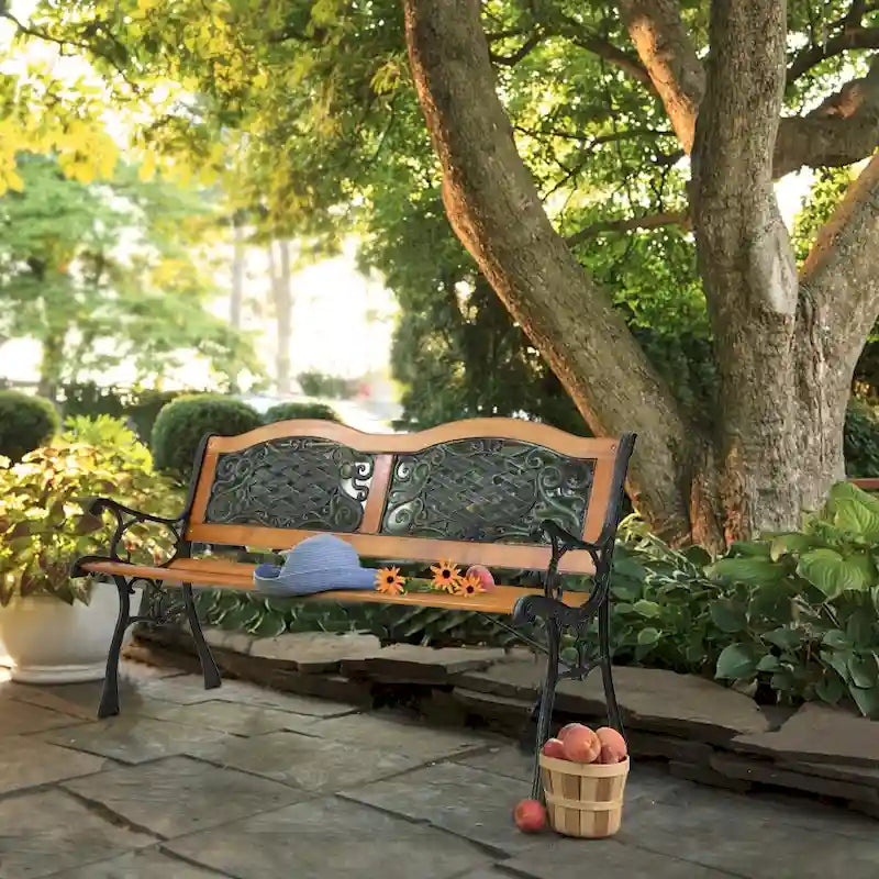 Banc de jardin 49 pouces, chaise de parc extérieure, mobilier de jardin, lattes en bois dur, structure en fonte