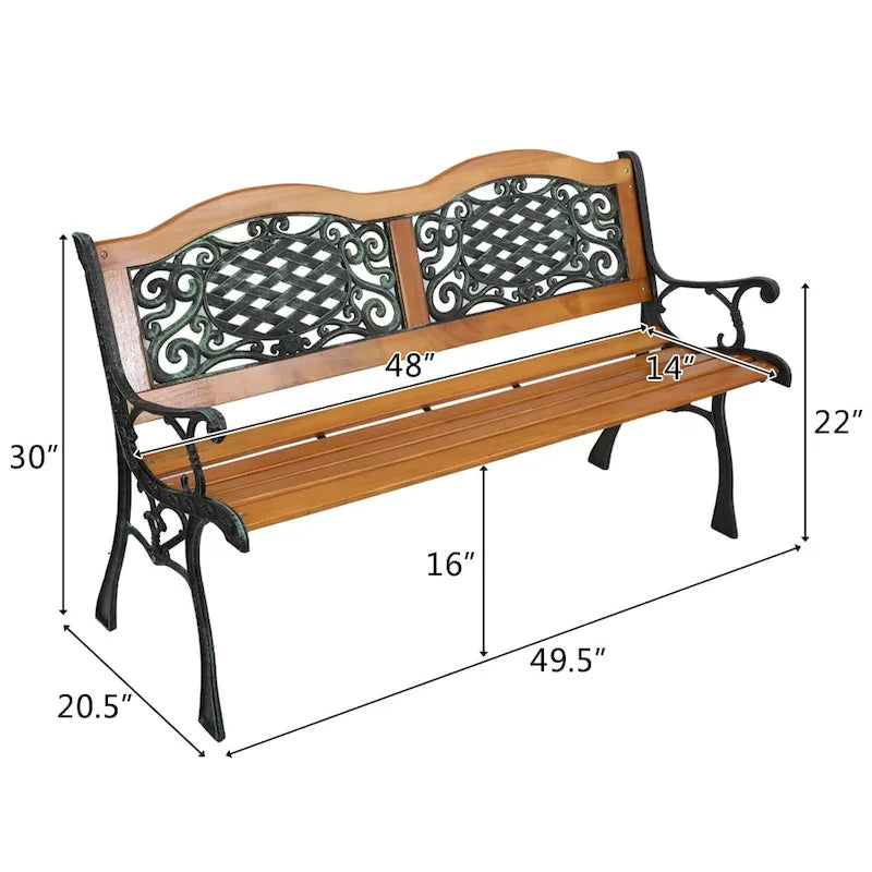 Banc de jardin 49 pouces, chaise de parc extérieure, mobilier de jardin, lattes en bois dur, structure en fonte