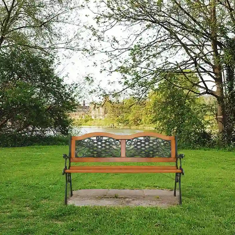 Banc de jardin 49 pouces, chaise de parc extérieure, mobilier de jardin, lattes en bois dur, structure en fonte