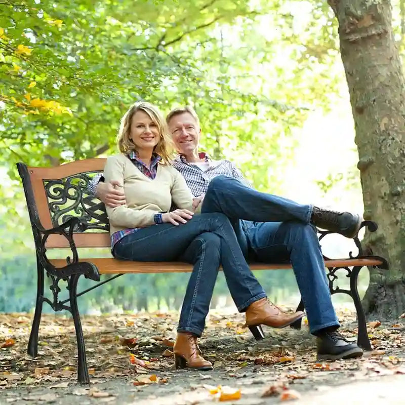 Banc de jardin 49 pouces, chaise de parc extérieure, mobilier de jardin, lattes en bois dur, structure en fonte