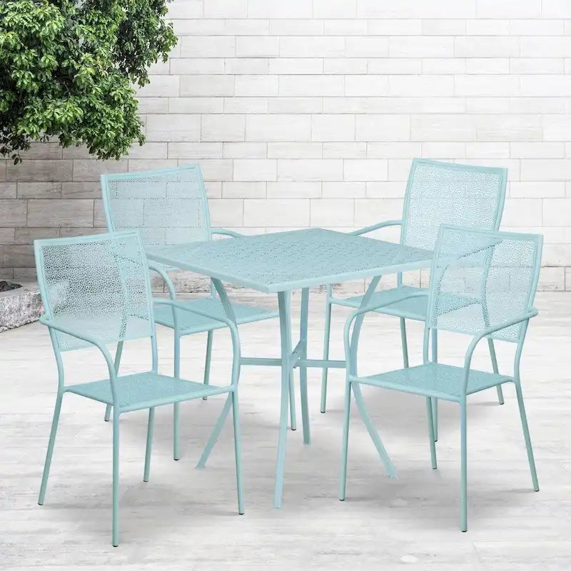 Ensemble table de patio carrée en acier pour intérieur et extérieur (28 pouces) avec 4 chaises à dossier carré