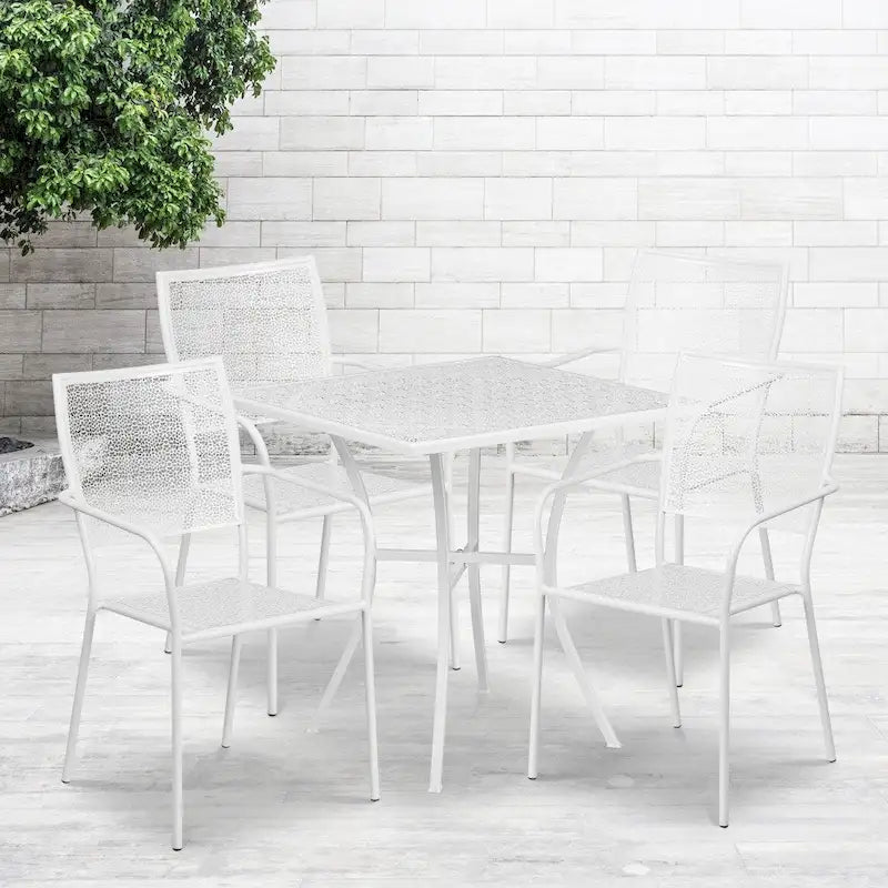Ensemble table de patio carrée en acier pour intérieur et extérieur (28 pouces) avec 4 chaises à dossier carré