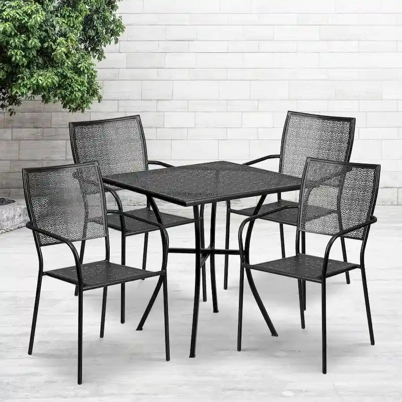 Ensemble table de patio carrée en acier pour intérieur et extérieur (28 pouces) avec 4 chaises à dossier carré