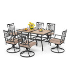 Ensemble de salle à manger de patio 7 pièces MAISON ARTS, 1 table rectangulaire aspect bois avec trou pour parasol et 6 chaises pivotantes en métal