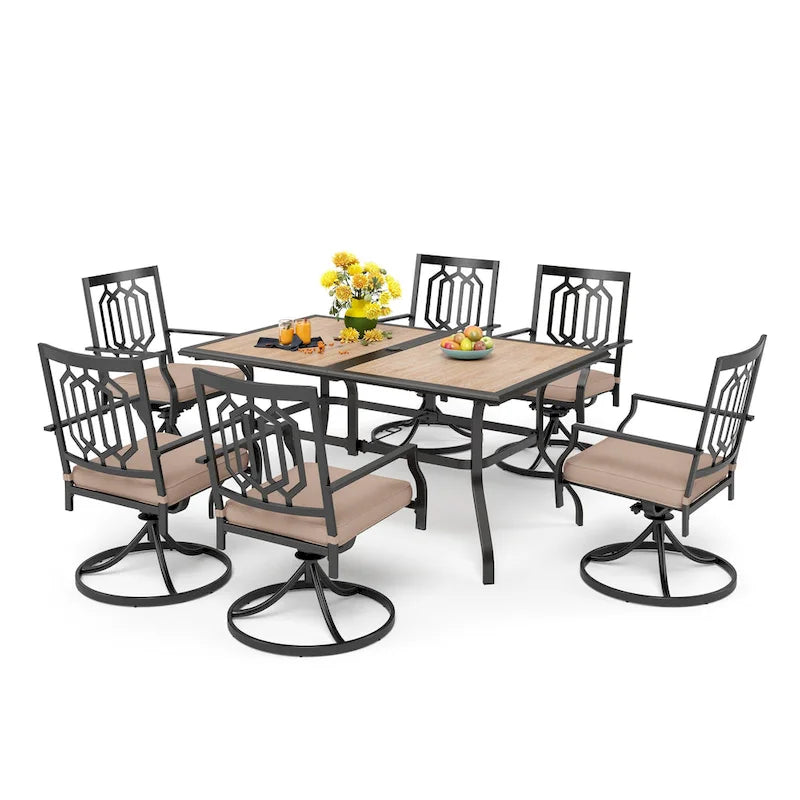 Ensemble de salle à manger de patio 7 pièces MAISON ARTS, 1 table rectangulaire aspect bois avec trou pour parasol et 6 chaises pivotantes en métal