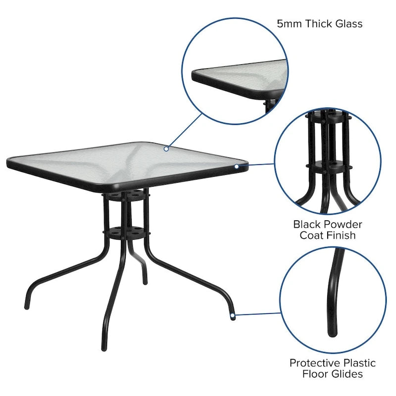 Table carrée en verre trempé et métal de 31,5 cm avec plateau à motif ondulé lisse
