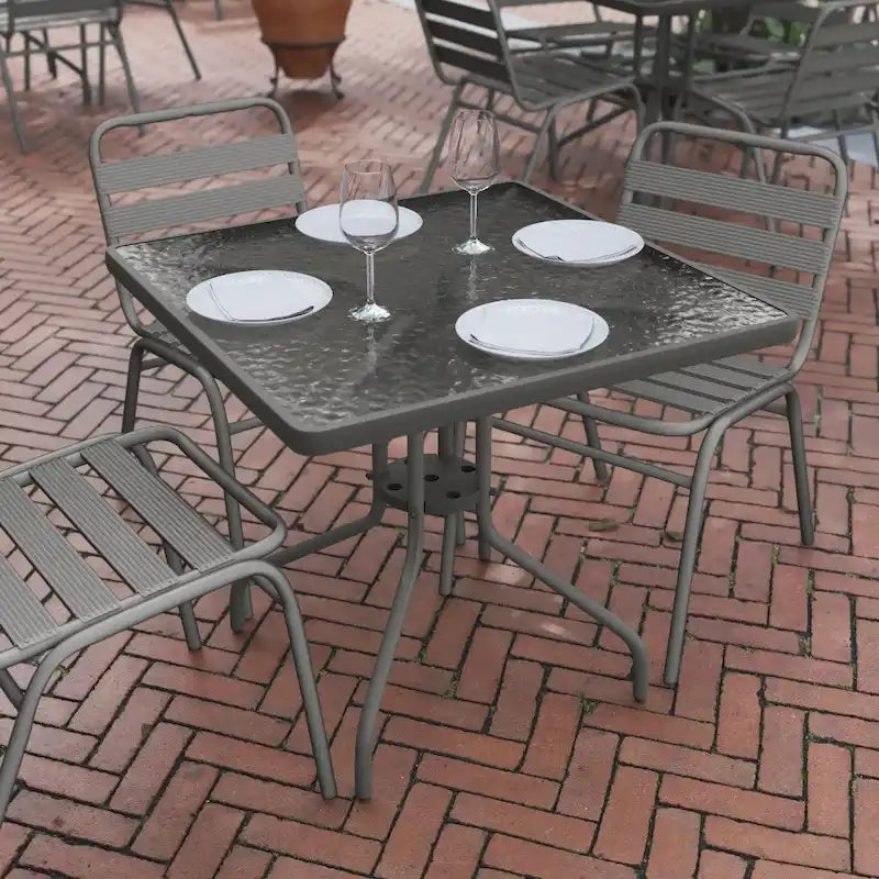 Table carrée en verre trempé et métal de 31,5 cm avec plateau à motif ondulé lisse