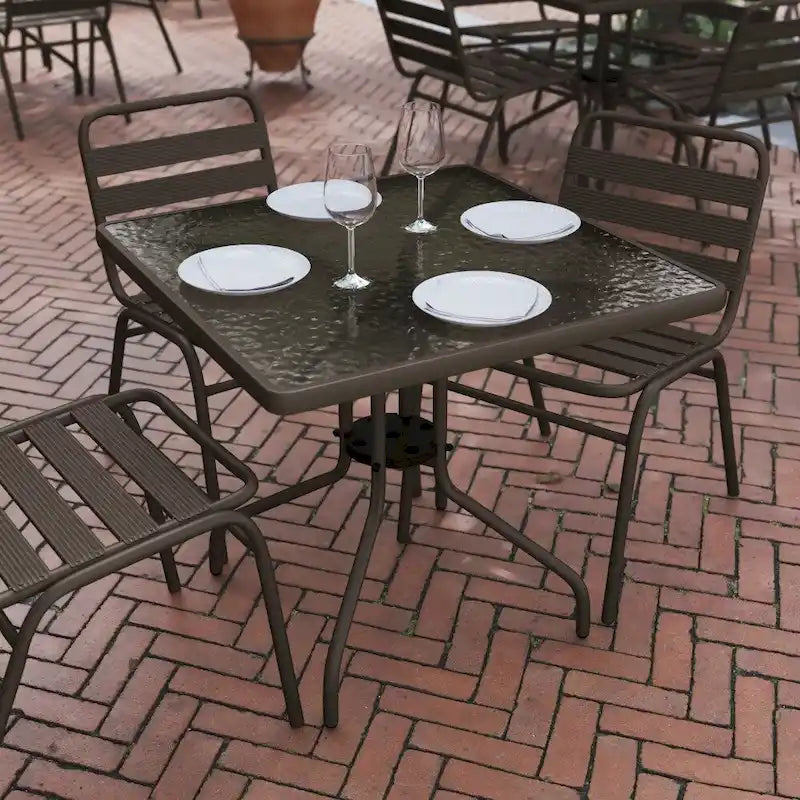 Table carrée en verre trempé et métal de 31,5 cm avec plateau à motif ondulé lisse