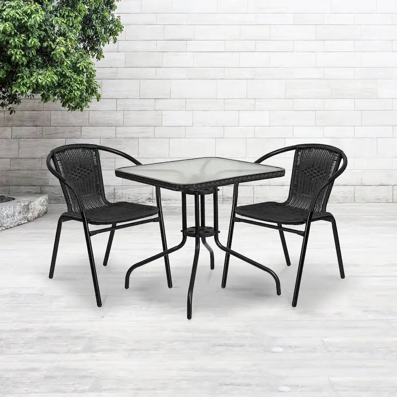 Square Tempered Glass Indoor/Outdoor Bistro Table with Rattan Edging - 28W x 28D x 28H