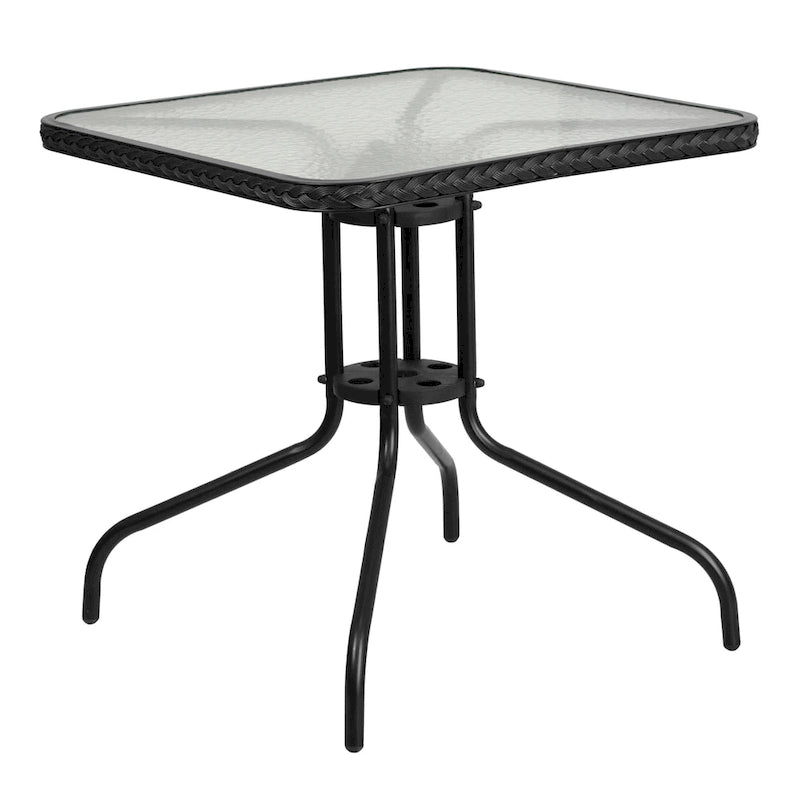 Table bistro carrée en verre trempé pour intérieur/extérieur avec bordure en rotin - 71 cm (L) x 71 cm (P) x 71 cm (H)