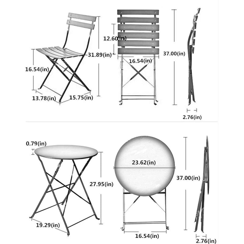 3-Piece Powder-Coated Iron Bistro Set of Foldable Garden Table and Chairs