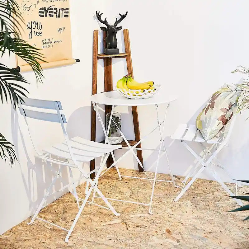 Ensemble bistro 3 pièces en fer thermolaqué comprenant une table et des chaises de jardin pliables