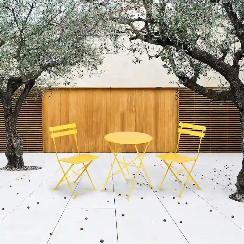 Ensemble bistro 3 pièces en fer thermolaqué comprenant une table et des chaises de jardin pliables