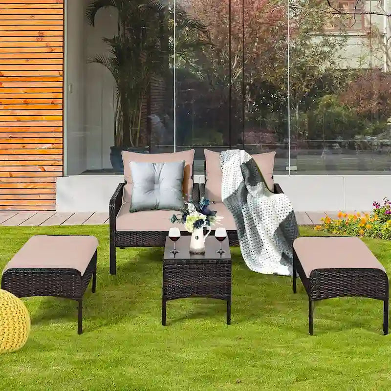 Ensemble de meubles en rotin tressé Costway 5 pièces comprenant un canapé et un pouf avec coussins marron