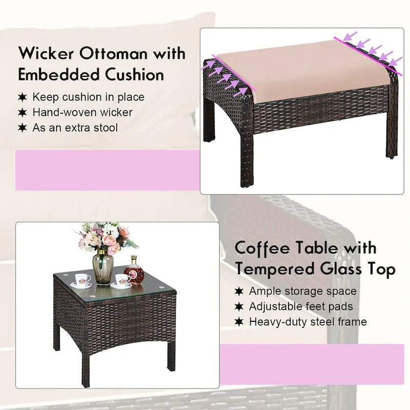 Ensemble de meubles en rotin tressé Costway 5 pièces comprenant un canapé et un pouf avec coussins marron