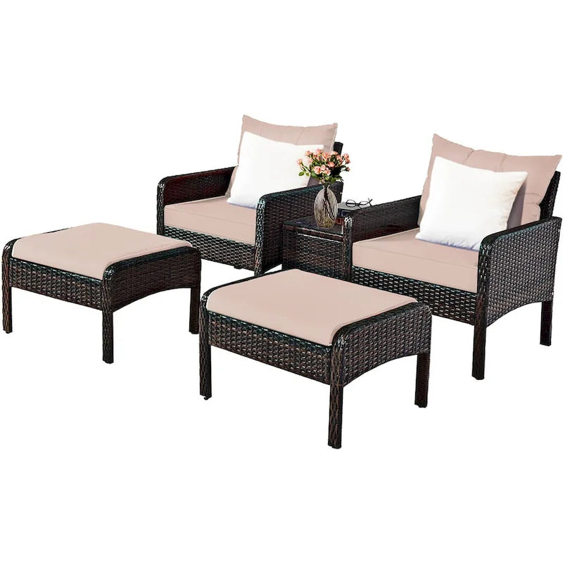Ensemble de meubles en rotin tressé Costway 5 pièces comprenant un canapé et un pouf avec coussins marron