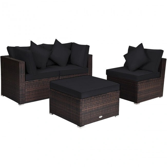 Ensemble de mobilier de jardin en rotin 4 pièces avec coussins amovibles - Canapé d'angle : 74 x 74 x 64 cm