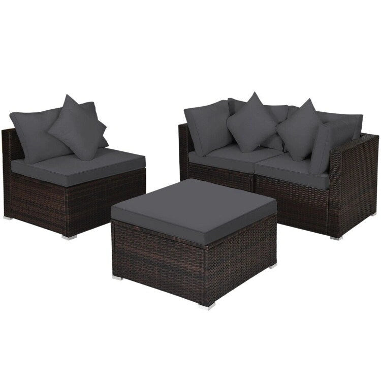 Ensemble de mobilier de jardin en rotin 4 pièces avec coussins amovibles - Canapé d'angle : 74 x 74 x 64 cm