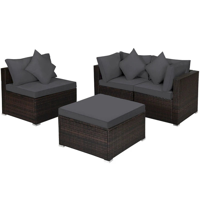Ensemble de mobilier de jardin en rotin 4 pièces avec coussins amovibles - Canapé d'angle : 74 x 74 x 64 cm