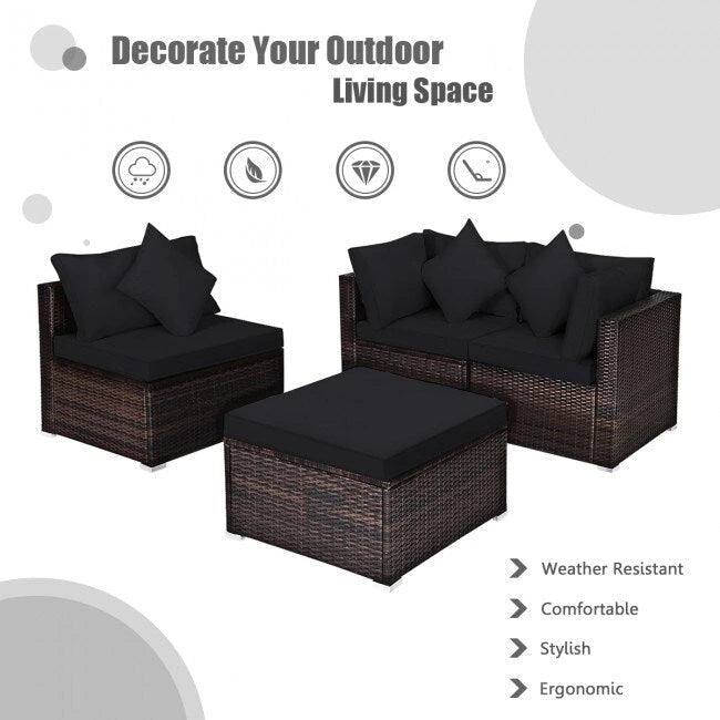 Ensemble de mobilier de jardin en rotin 4 pièces avec coussins amovibles - Canapé d'angle : 74 x 74 x 64 cm