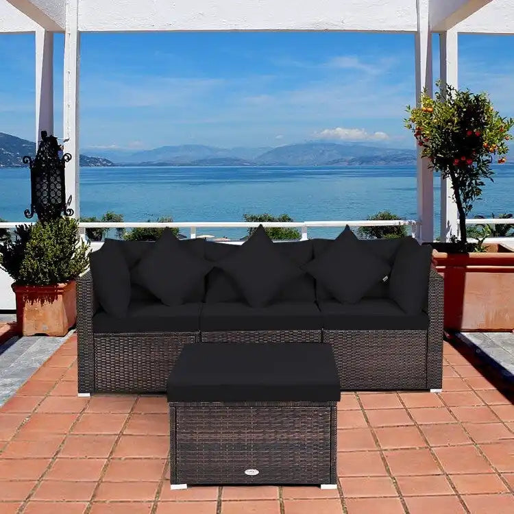 Ensemble de mobilier de jardin en rotin 4 pièces avec coussins amovibles - Canapé d'angle : 74 x 74 x 64 cm