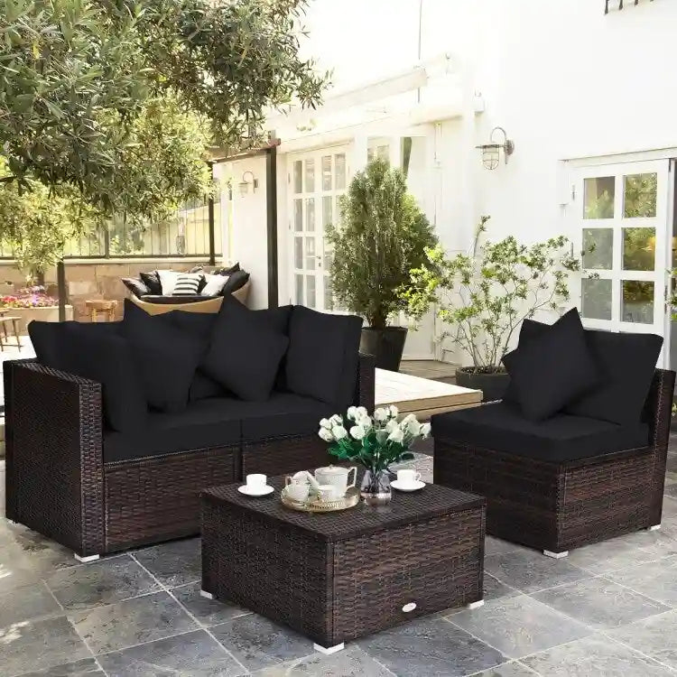 Ensemble de mobilier de jardin en rotin 4 pièces avec coussins amovibles - Canapé d'angle : 74 x 74 x 64 cm