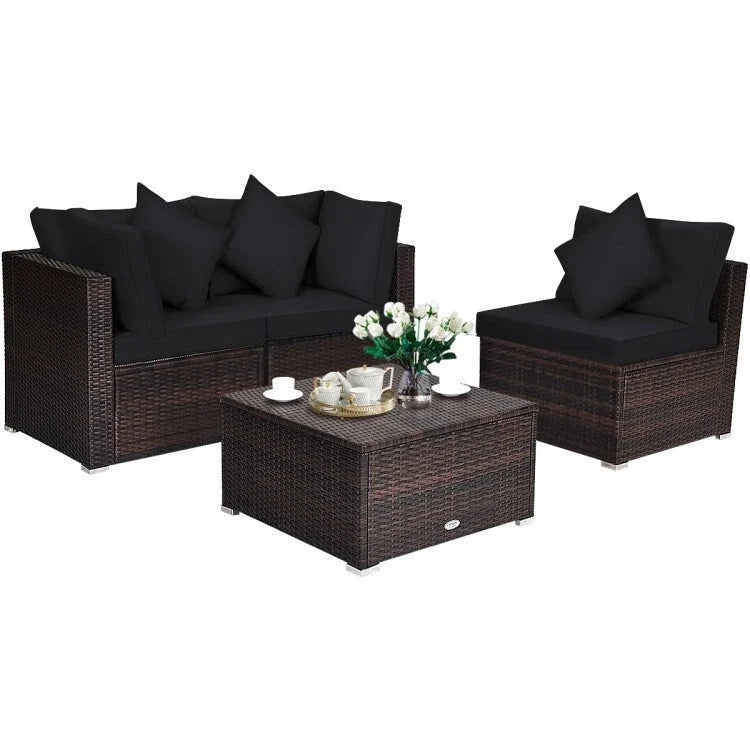 Ensemble de mobilier de jardin en rotin 4 pièces avec coussins amovibles - Canapé d'angle : 74 x 74 x 64 cm