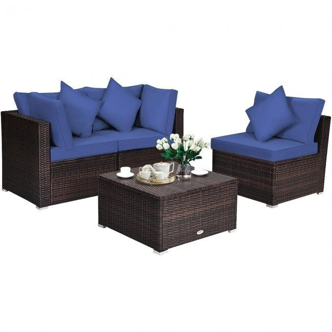 Ensemble de mobilier de jardin en rotin 4 pièces avec coussins amovibles - Canapé d'angle : 74 x 74 x 64 cm