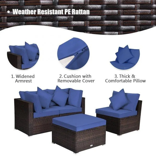 Ensemble de mobilier de jardin en rotin 4 pièces avec coussins amovibles - Canapé d'angle : 74 x 74 x 64 cm