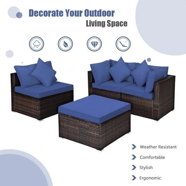 Ensemble de mobilier de jardin en rotin 4 pièces avec coussins amovibles - Canapé d'angle : 74 x 74 x 64 cm