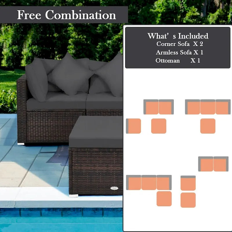 Ensemble de mobilier de jardin en rotin 4 pièces avec coussins amovibles - Canapé d'angle : 74 x 74 x 64 cm