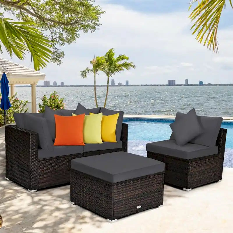Ensemble de mobilier de jardin en rotin 4 pièces avec coussins amovibles - Canapé d'angle : 74 x 74 x 64 cm