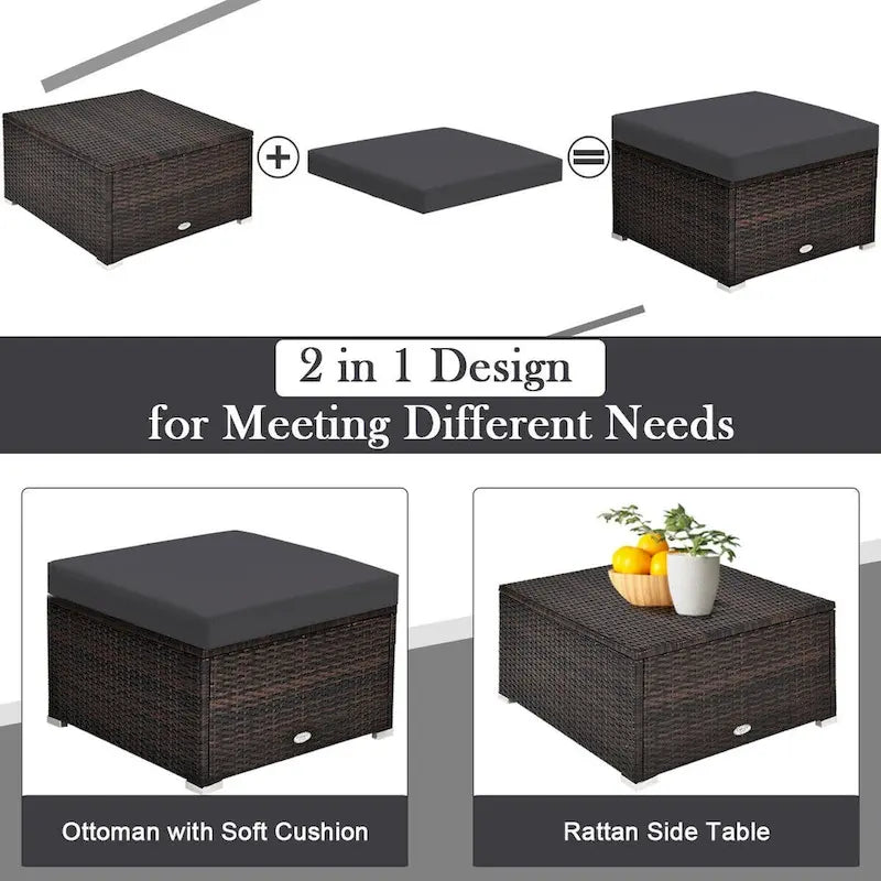 Ensemble de mobilier de jardin en rotin 4 pièces avec coussins amovibles - Canapé d'angle : 74 x 74 x 64 cm