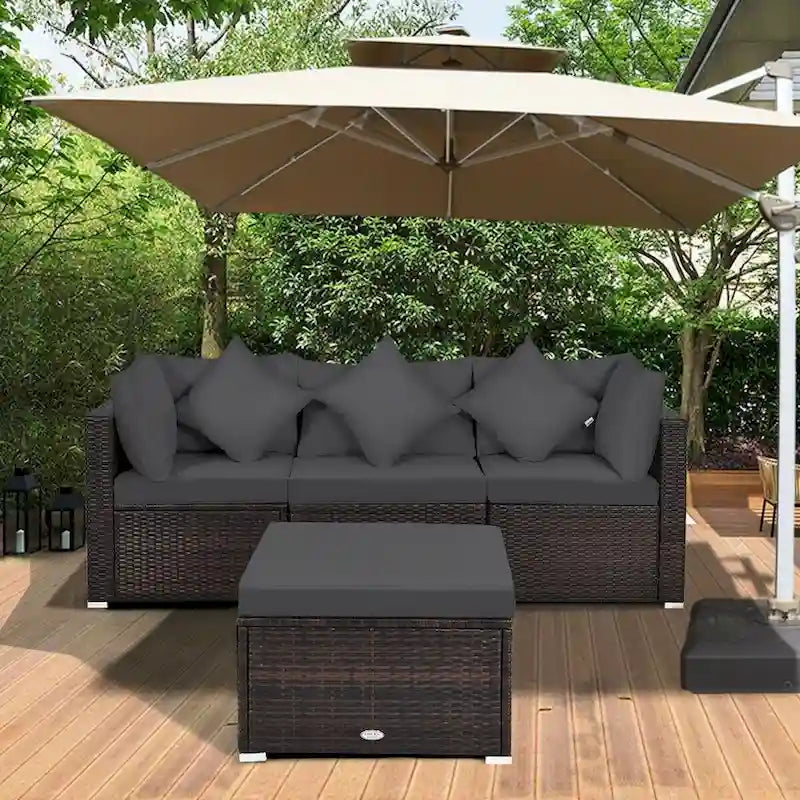 Ensemble de mobilier de jardin en rotin 4 pièces avec coussins amovibles - Canapé d'angle : 74 x 74 x 64 cm
