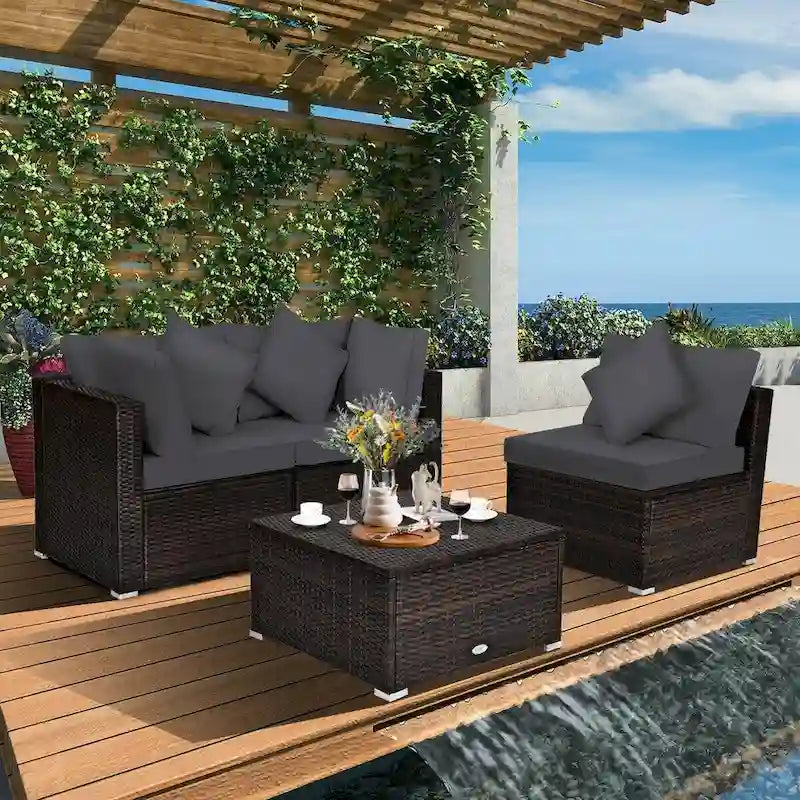 Ensemble de mobilier de jardin en rotin 4 pièces avec coussins amovibles - Canapé d'angle : 74 x 74 x 64 cm