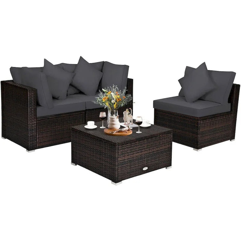 Ensemble de mobilier de jardin en rotin 4 pièces avec coussins amovibles - Canapé d'angle : 74 x 74 x 64 cm