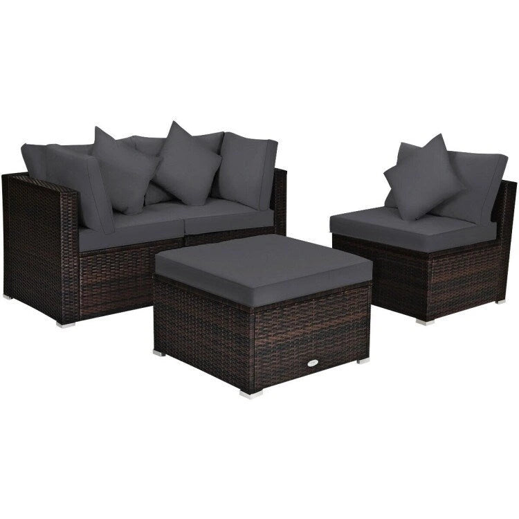 Ensemble de mobilier de jardin en rotin 4 pièces avec coussins amovibles - Canapé d'angle : 74 x 74 x 64 cm