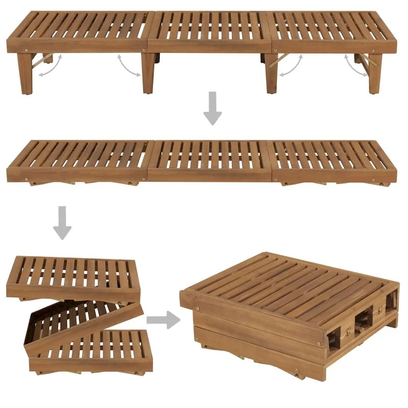 Chaise longue de patio vidaXL avec coussin, chaise longue pliante en bois d'acacia massif - 78,7 x 24 x 11,8/33,9