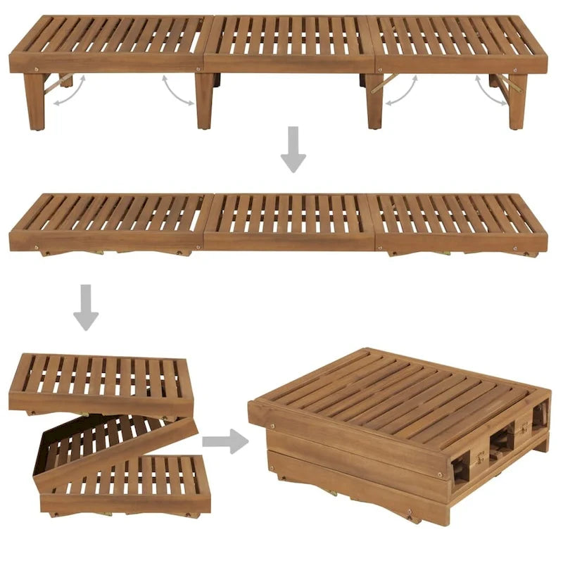 Chaise longue de patio vidaXL avec coussin, chaise longue pliante en bois d'acacia massif - 78,7 x 24 x 11,8/33,9