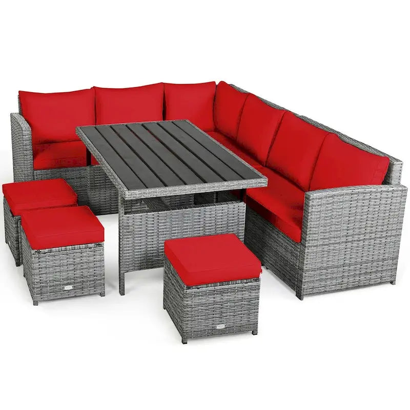 Ensemble de salle à manger d'extérieur 7 pièces en rotin résistant aux intempéries, comprenant un canapé d'angle, un pouf en osier et un canapé rembourré.