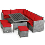 Ensemble de salle à manger d'extérieur 7 pièces en rotin résistant aux intempéries, comprenant un canapé d'angle, un pouf en osier et un canapé rembourré.
