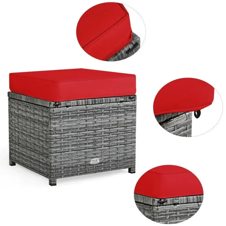 Ensemble de salle à manger d'extérieur 7 pièces en rotin résistant aux intempéries, comprenant un canapé d'angle, un pouf en osier et un canapé rembourré.