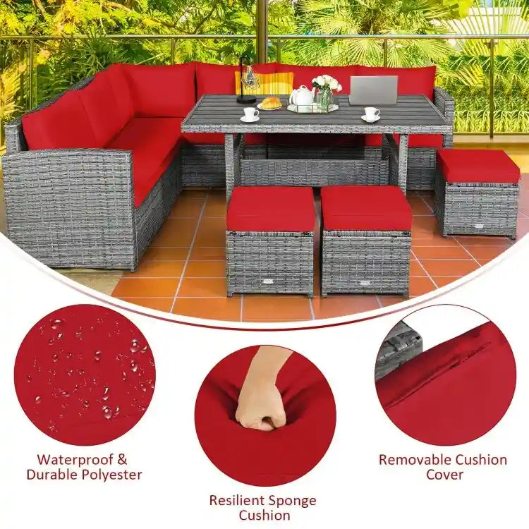 Ensemble de salle à manger d'extérieur 7 pièces en rotin résistant aux intempéries, comprenant un canapé d'angle, un pouf en osier et un canapé rembourré.