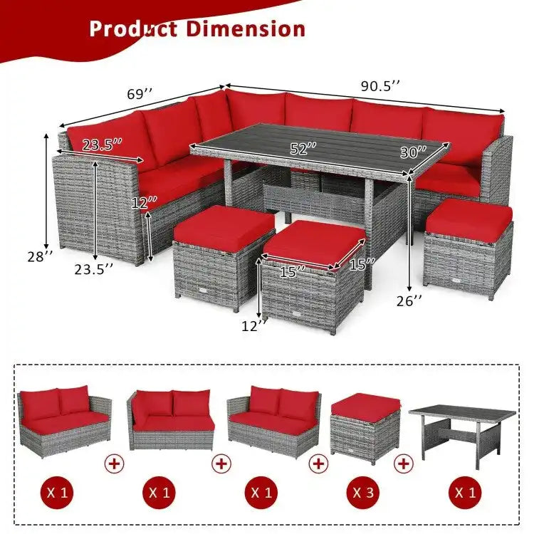 Ensemble de salle à manger d'extérieur 7 pièces en rotin résistant aux intempéries, comprenant un canapé d'angle, un pouf en osier et un canapé rembourré.
