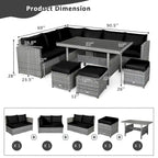 Ensemble de salle à manger d'extérieur 7 pièces en rotin résistant aux intempéries, comprenant un canapé d'angle, un pouf en osier et un canapé rembourré.